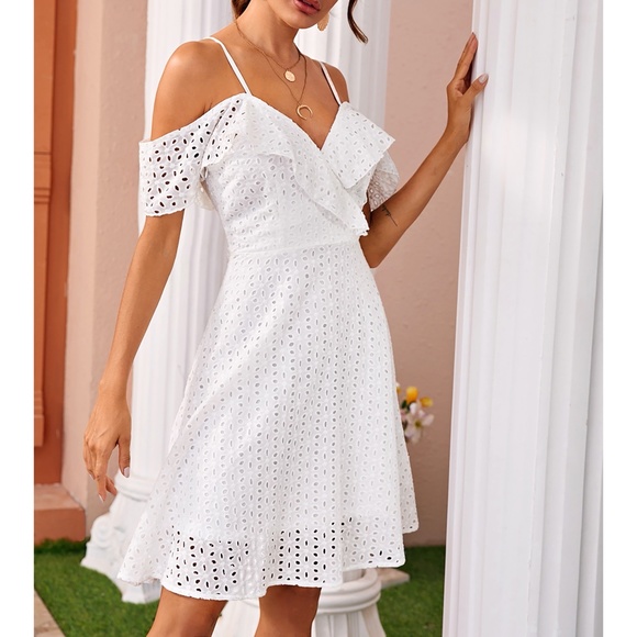 White Off the shoulder Eyelet Ruffle Trim Dress - Picture 6 of 7